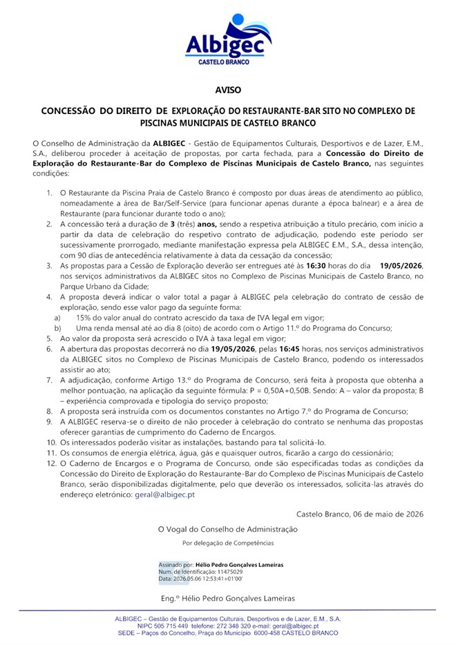 Aviso_Concurso Restaurante/Bar Piscina Castelo branco