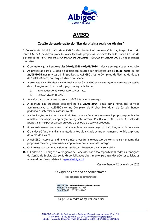 Cessão de exploração do "Bar da piscina praia de Alcains" - época balnear 2026